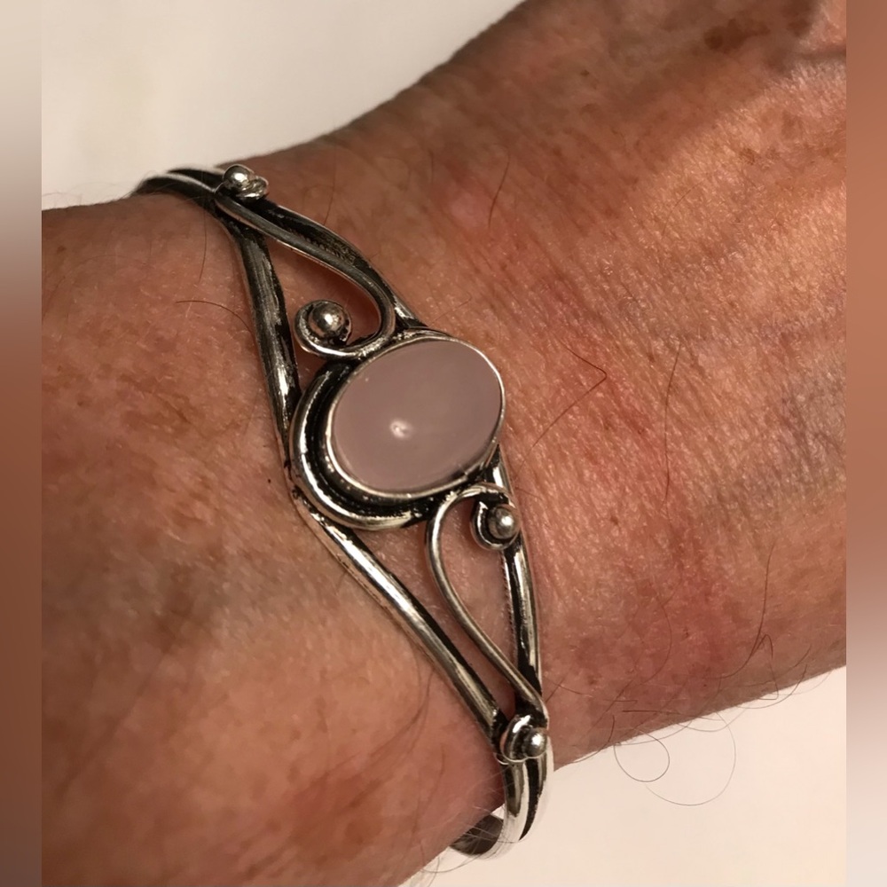 Rose Quartz Stamped 925 Sterling Silver Cuff Bracelet